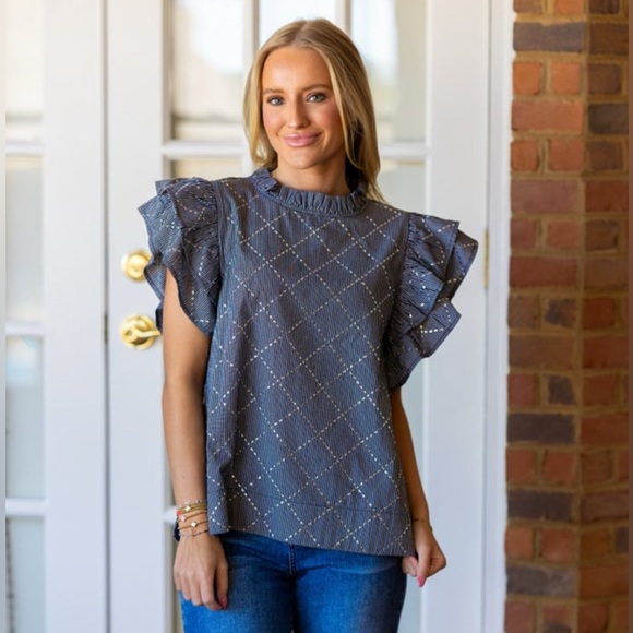 JODIFL Tops - JODIFL Black / White Stripe Ruffled Sleeveless Blouse with sparkle design